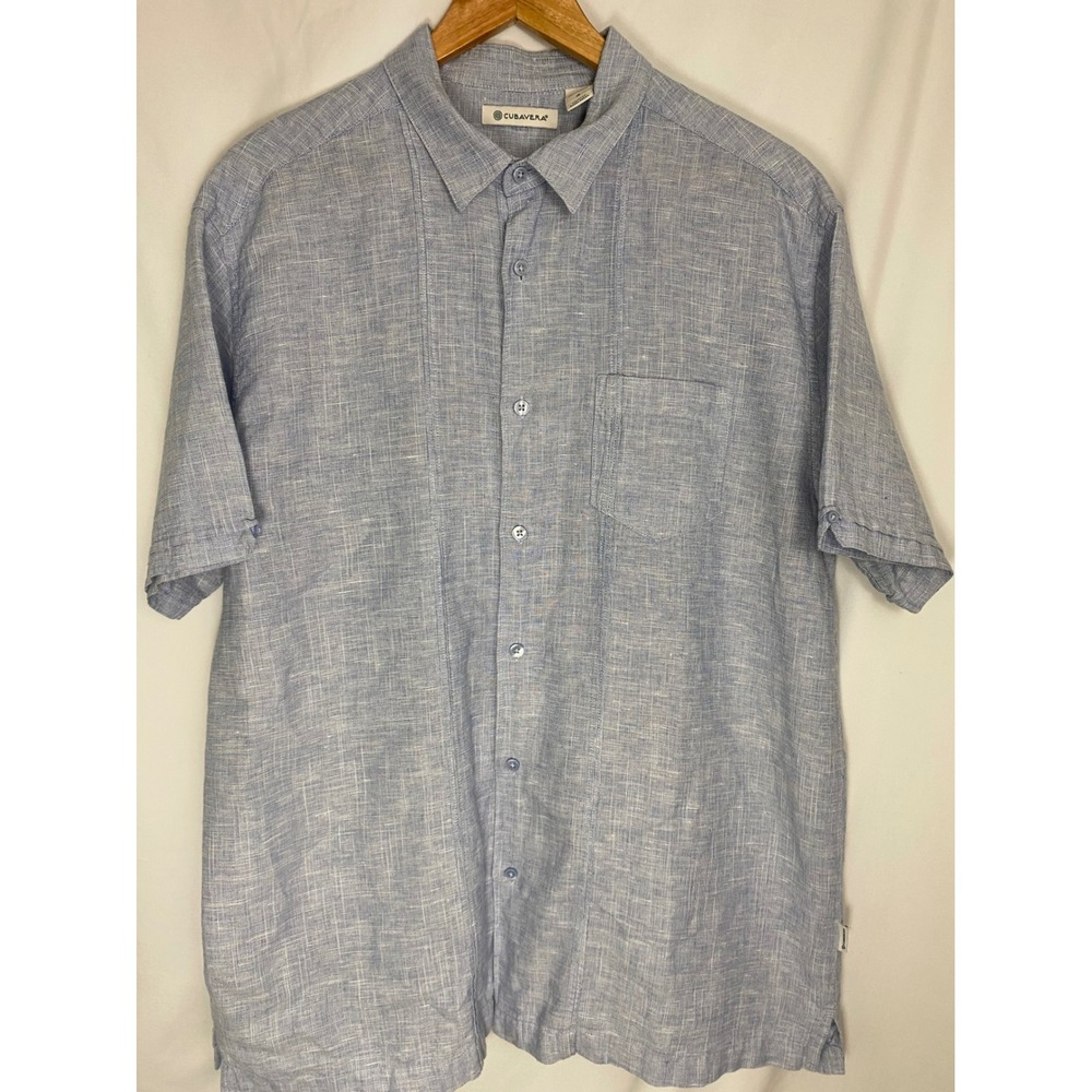 Cubavera Shirt Mens Large Blue Excellent Linen Blend Short Sleeve Guayabera Top
